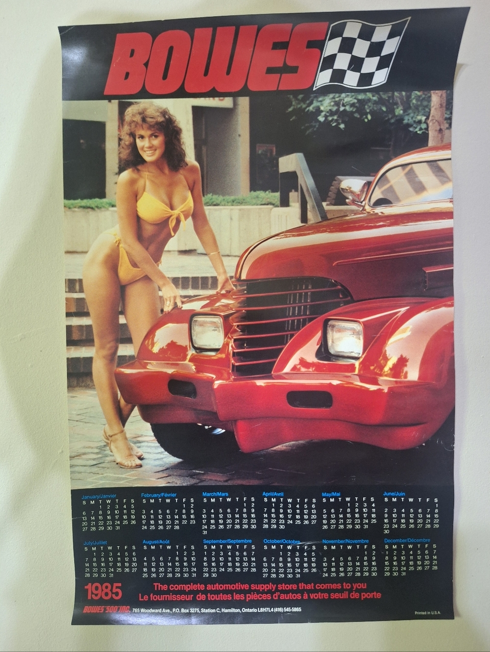 Vintage 85 Bowes 500 Inc Calendar Poster Bikini Model Red Classic Hot Rod 11x17